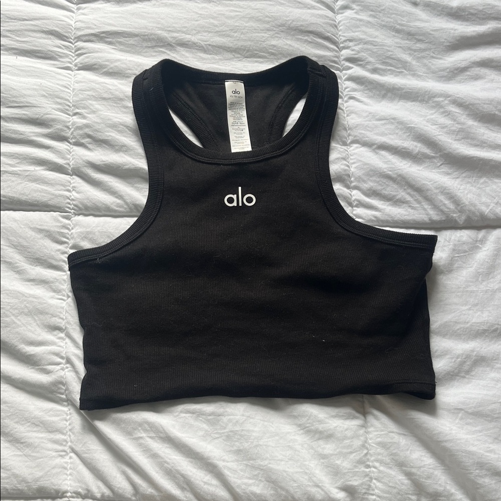 ALO Yoga Black Ribbed Racerback Crop Top with Center Logo